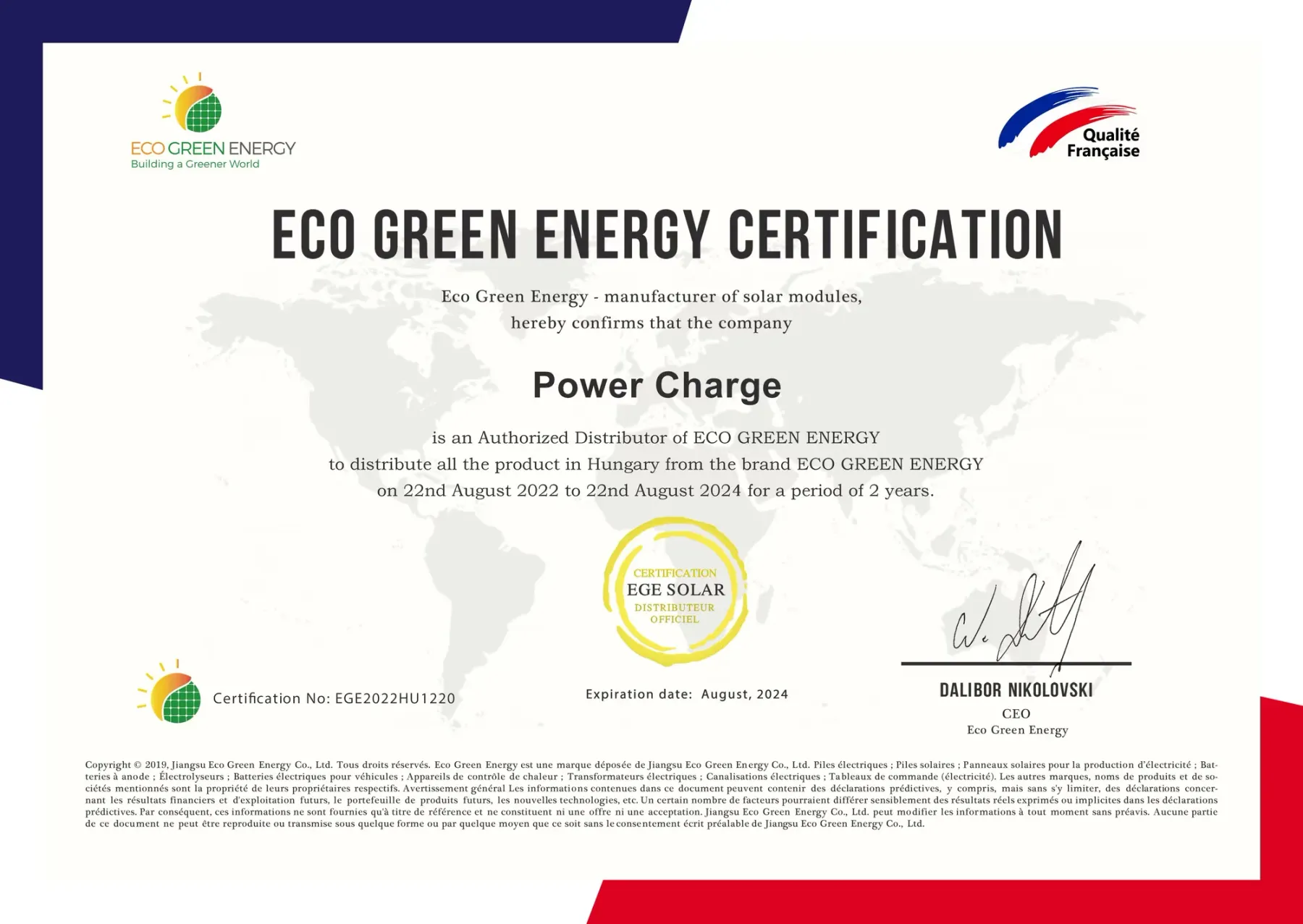 ECO GREEN tanúsítvány